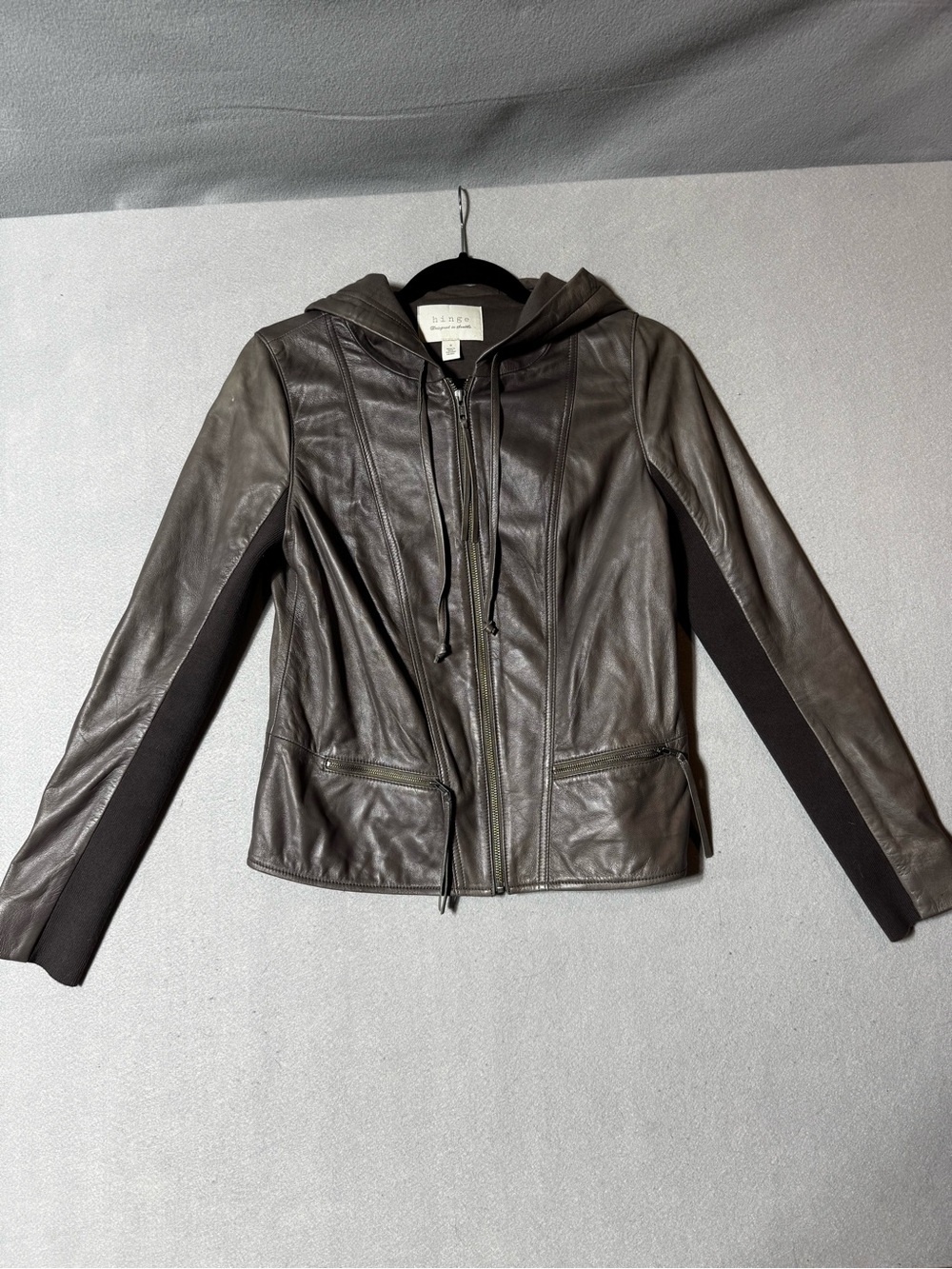 hinge Gray Leather Hooded Jacket with Knit Panels Sizr S